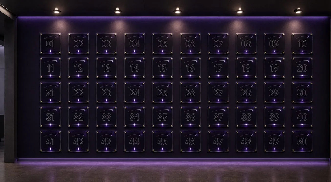 Parede dos fundadores com 50 placas numeradas