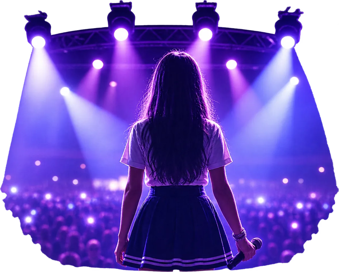Artista em frente ao público em um palco iluminado